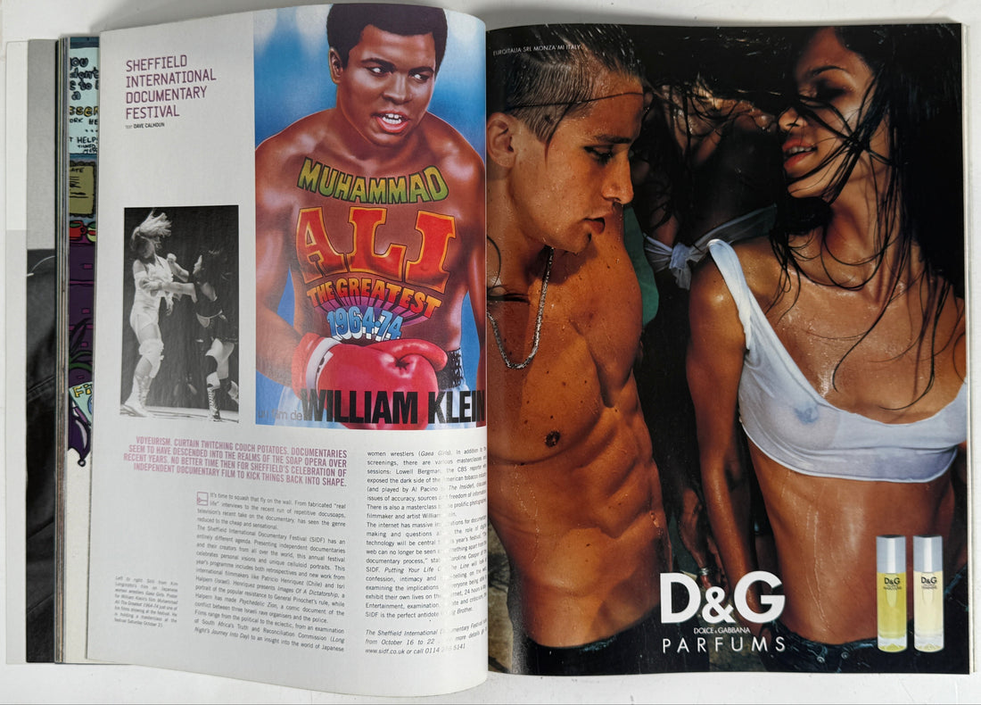 Open magazine showing a boxing-themed layout with text and images, featuring D&G Parfums branding.
