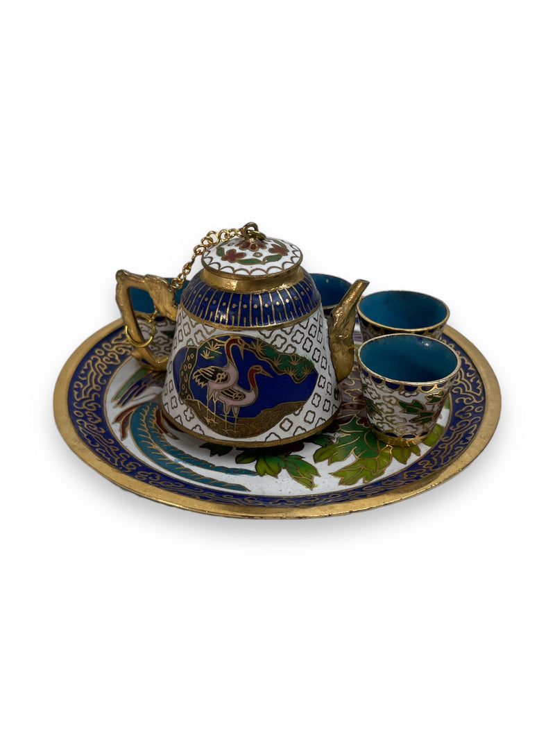 Vintage Cloisonne 7-piece Mini Tea Set - Brass