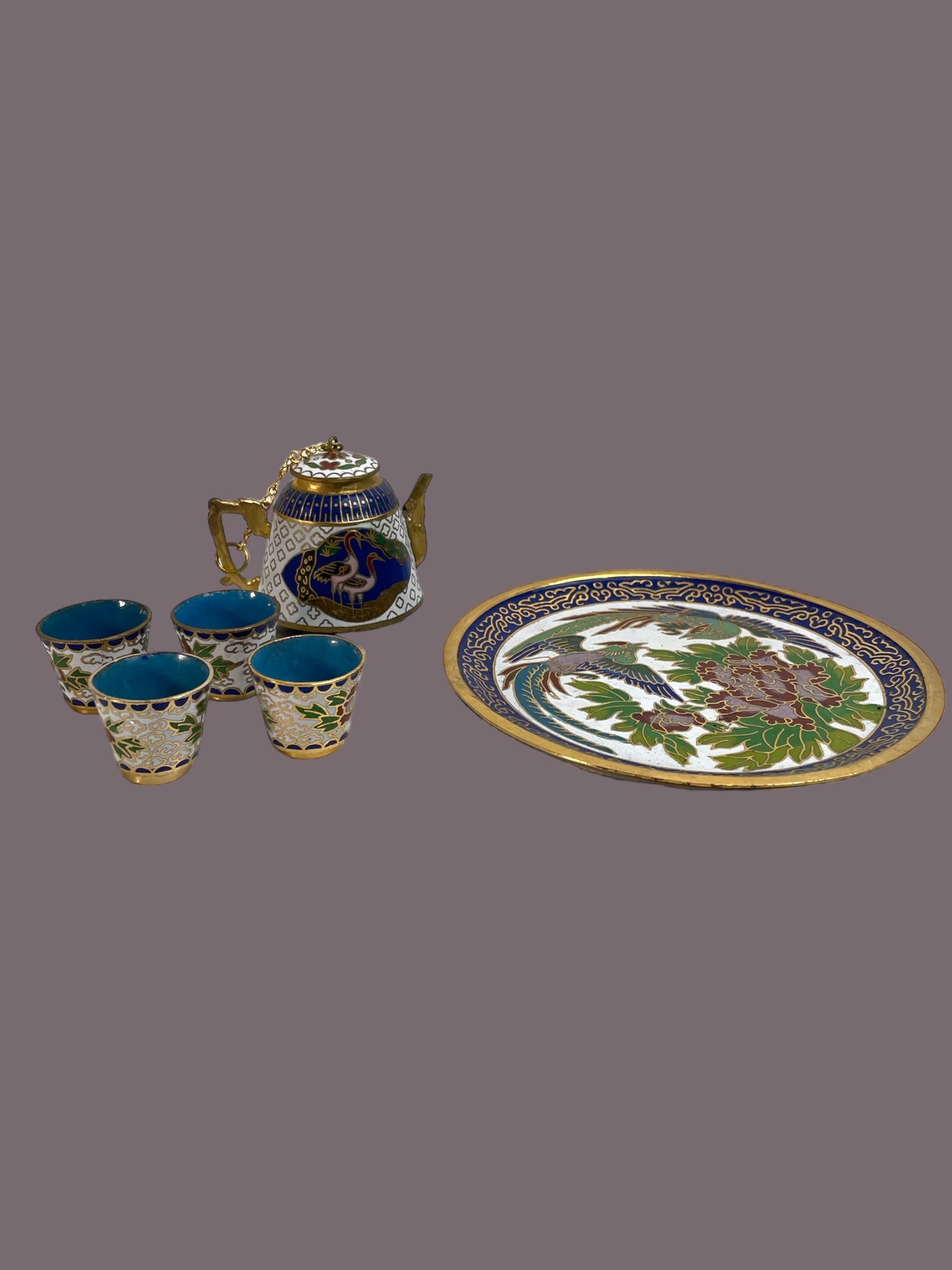 Vintage Cloisonne 7-piece Mini Tea Set - Brass