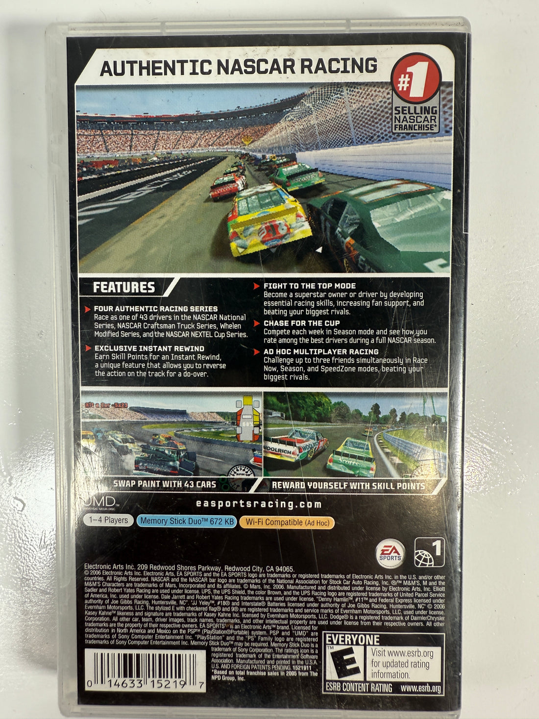 Back cover of a video game packaging for 'Authentic NASCAR Racing' on a white background