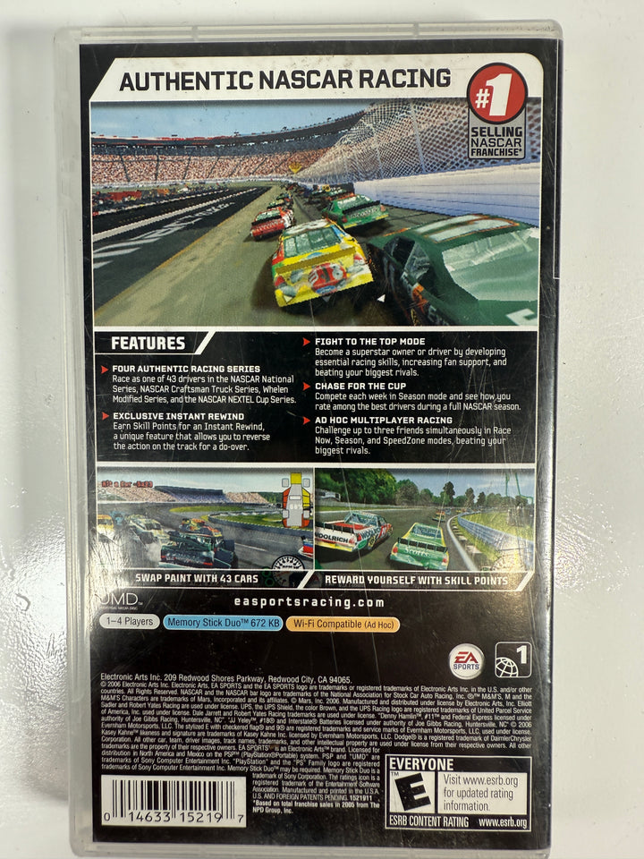 Back cover of a video game packaging for 'Authentic NASCAR Racing' on a white background