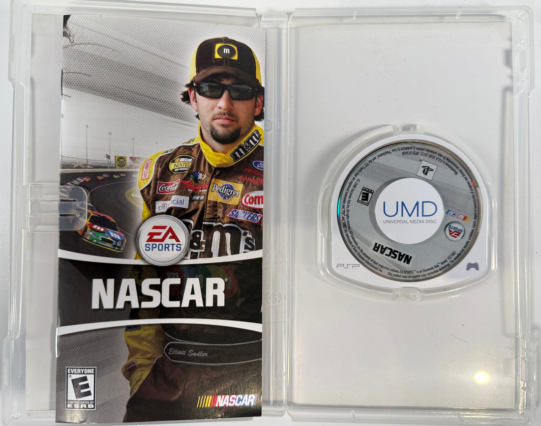 NASCAR video game case with a driver's image and UMD disc on a white background