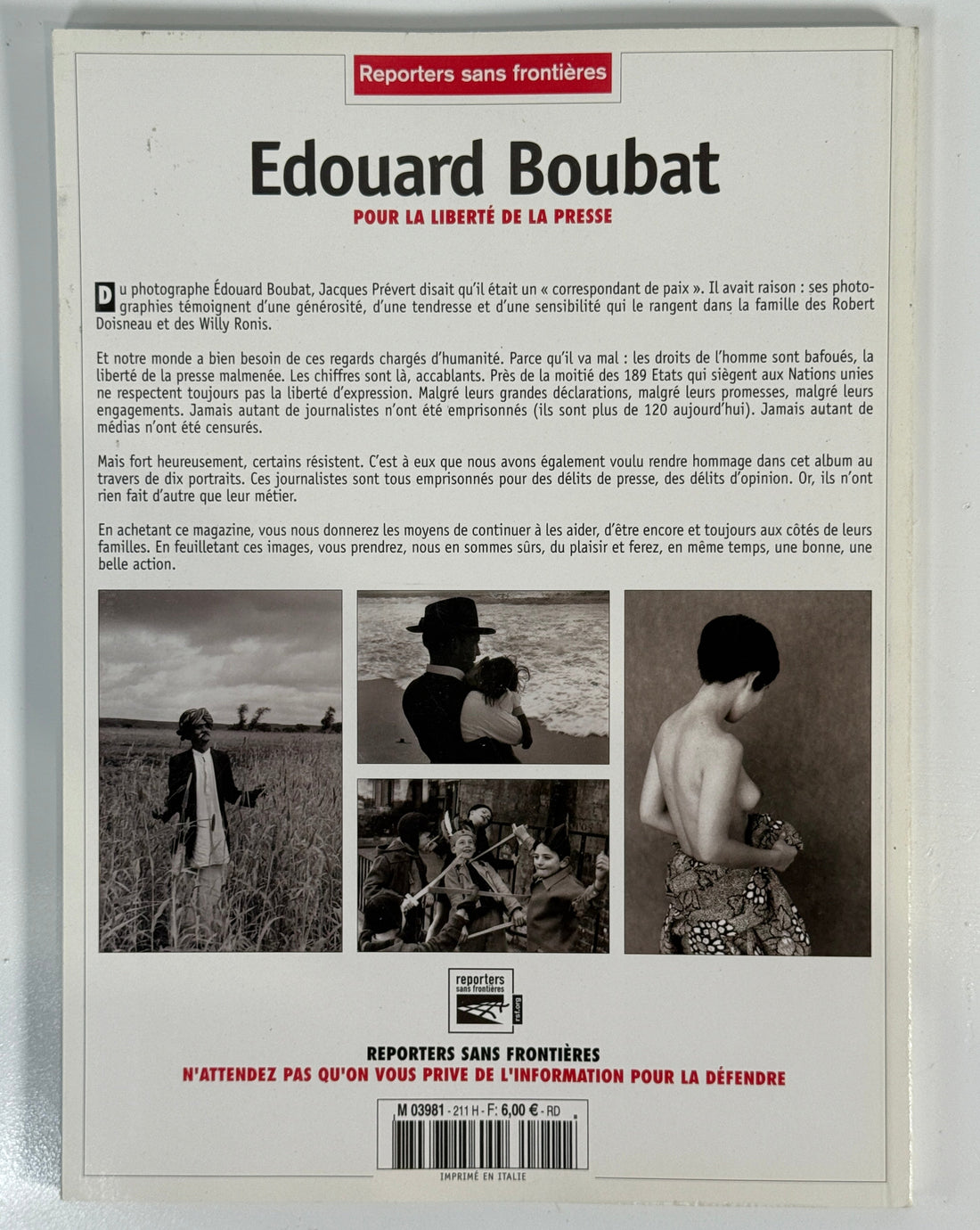 Back cover of a book with text and black and white photographs on a light gray background