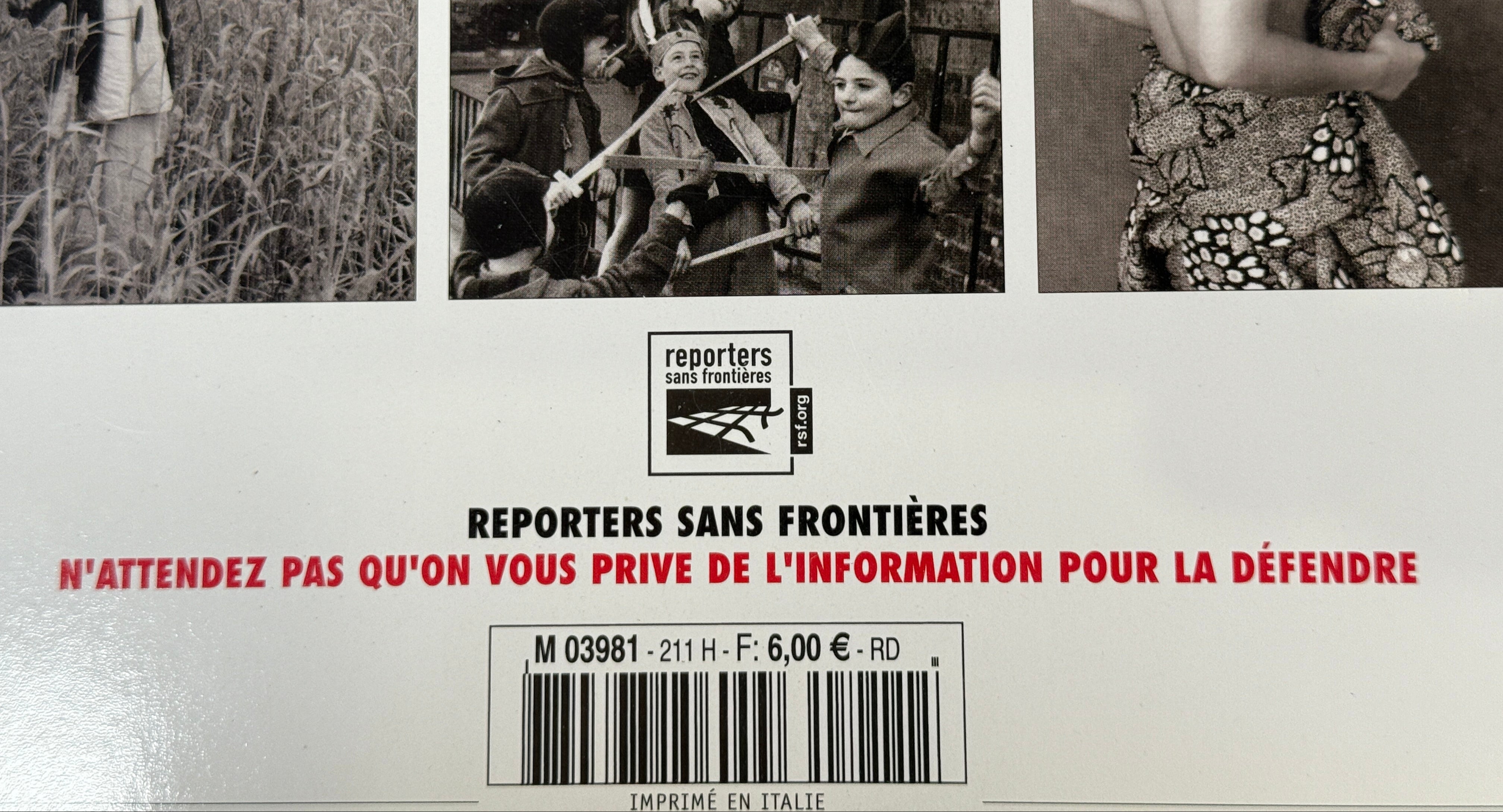 Collage of black and white images with text about Reporters Sans Frontieres on a gray background.
