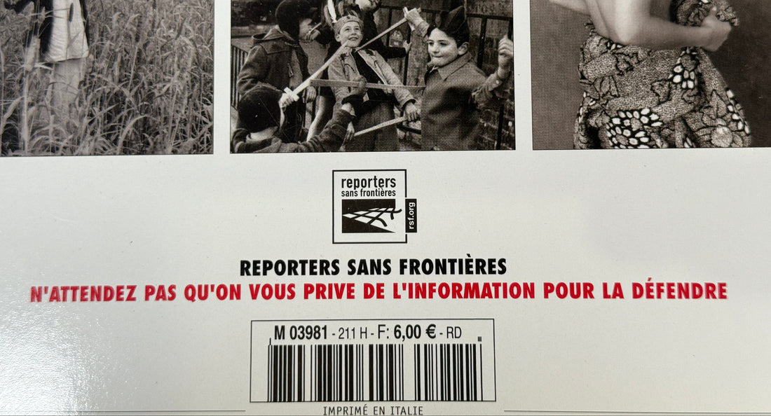 Collage of black and white images with text about Reporters Sans Frontieres on a gray background.