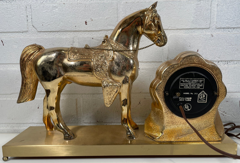 Vintage UNITED Horse Clock Brass Tone Metal Base, Works Excellent