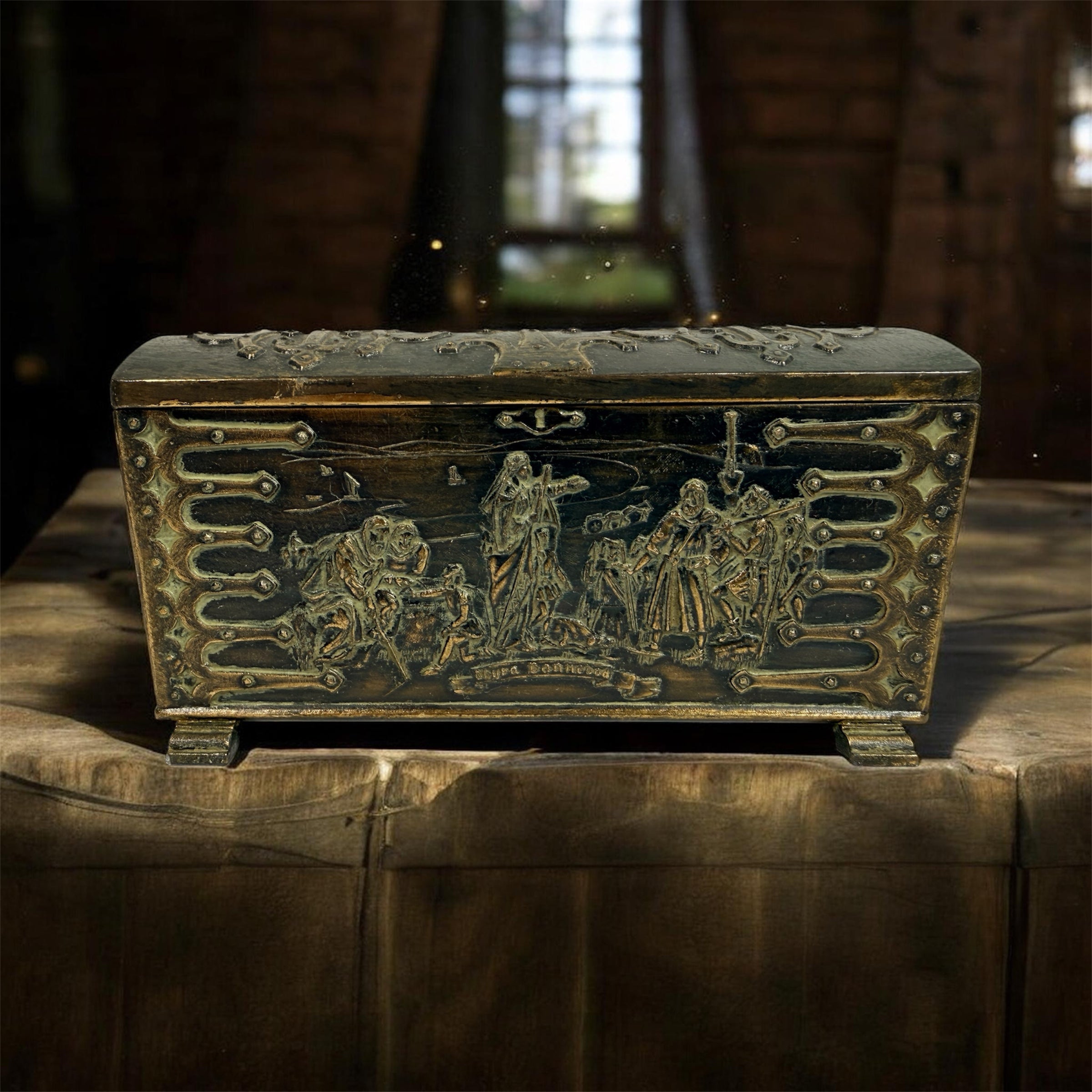 Vintage Danish bronze box by Edw Aagaard with Viking relief and wood interior. Mid-century collectible jewelry or keepsake box with rich patina.