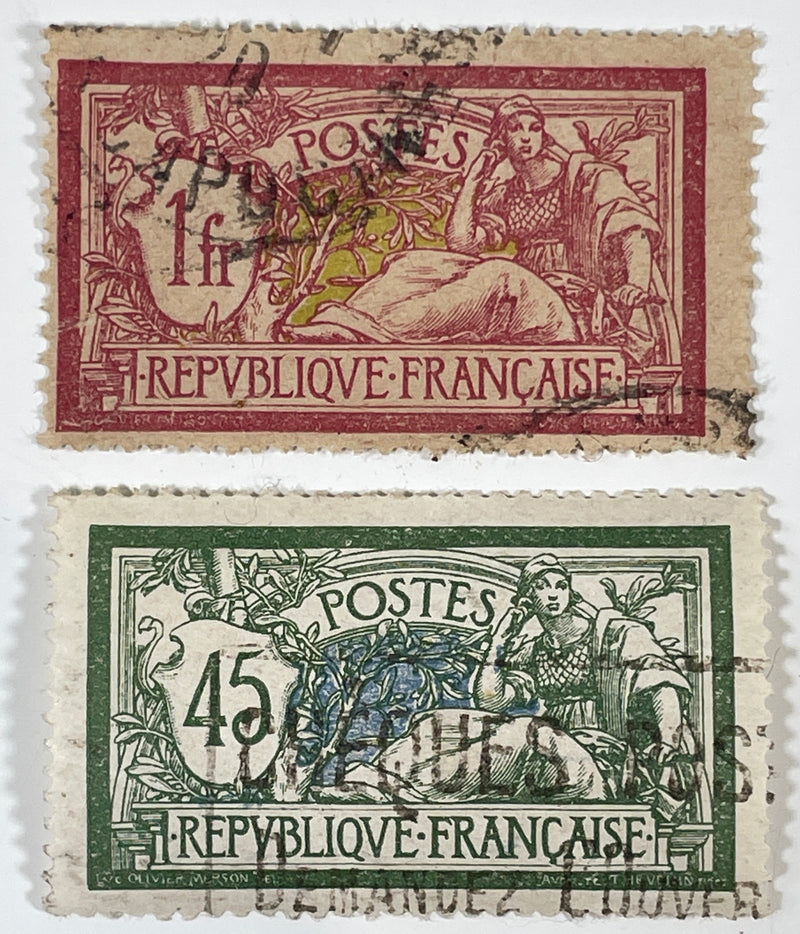 Paire de timbres, vers 1900-1923. France. 1 fr &amp; 45