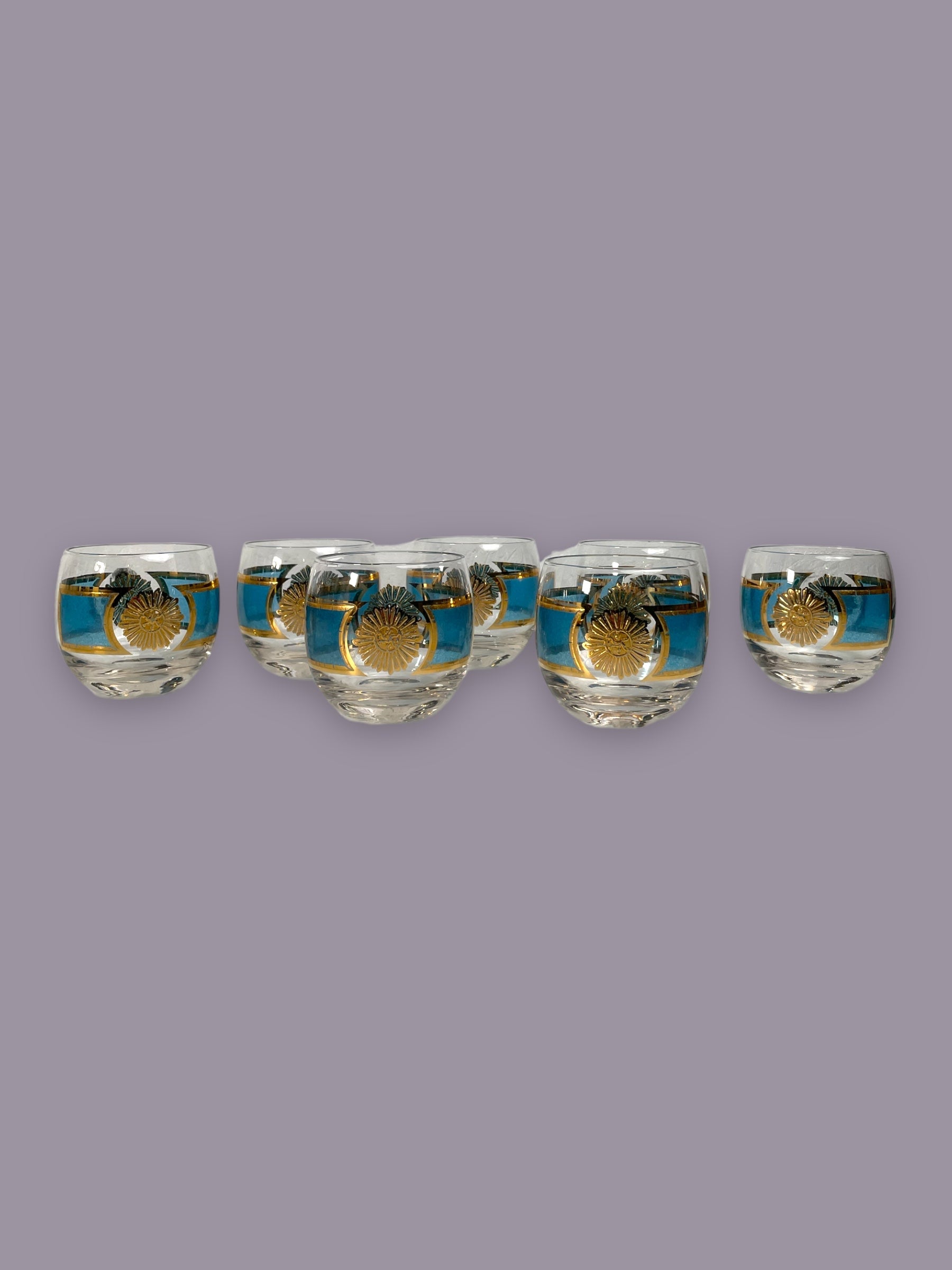 Ensemble de 7 verres Roly Poly Culver en turquoise avec motif soleil en feuille d'or 22 carats