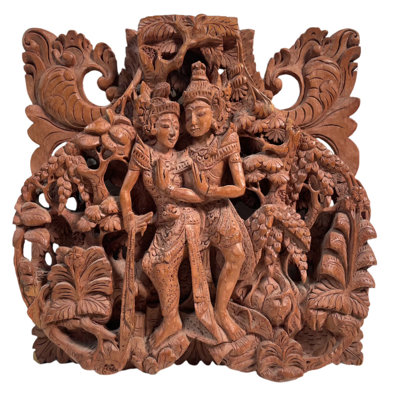 Antique Hand Carved Balinese Rama & Sita Wall Art 8” Wooden Carving Intricate