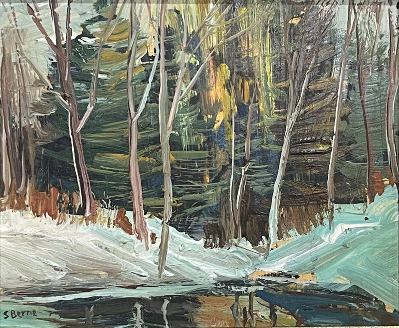 Jolie peinture à l'huile sur carton de l'artiste canadien, scène hivernale québécoise, signée S. Berne 8"x10"