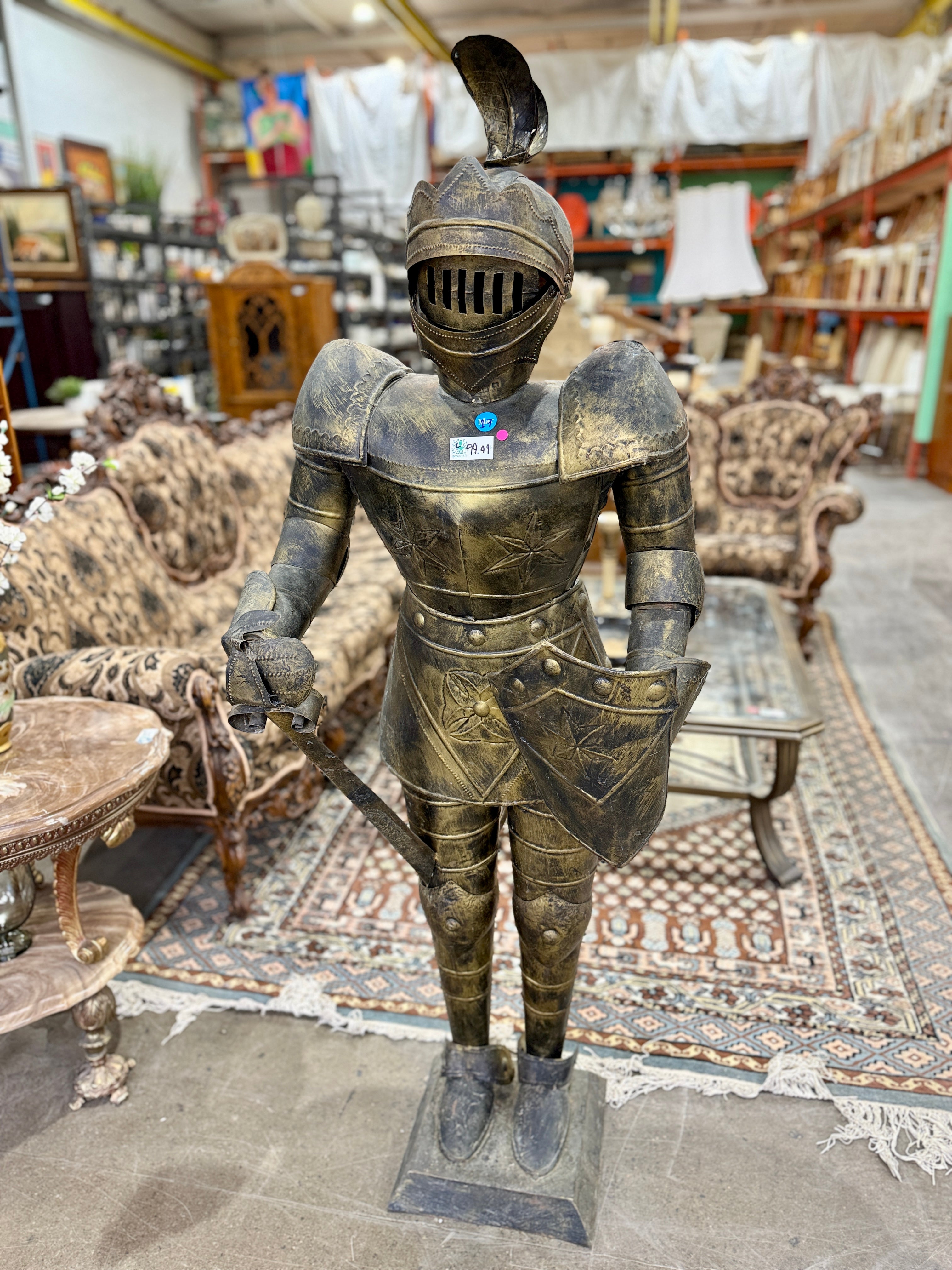 Statue d'armure de chevalier de style vintage, figurine de décoration médiévale, finition bronze.