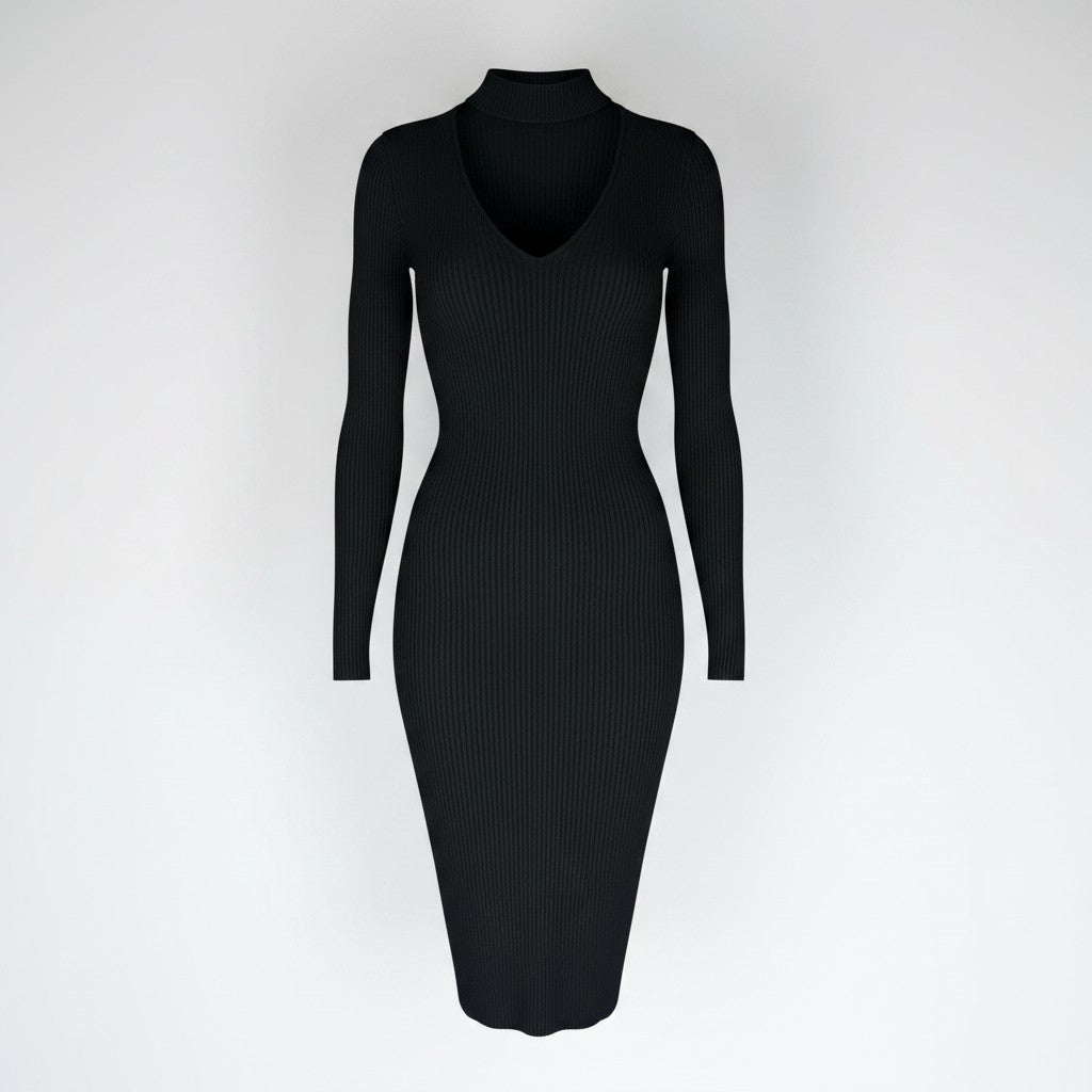 GUESS black ribbed knit bodycon dress in size medium, new with tags featuring convertible mock neck and zipper detail.