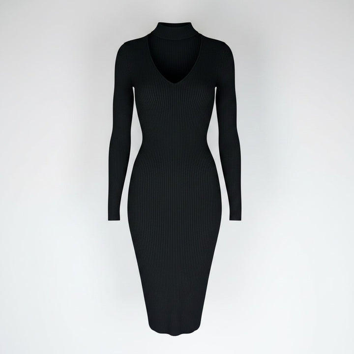 GUESS black ribbed knit bodycon dress in size medium, new with tags featuring convertible mock neck and zipper detail.