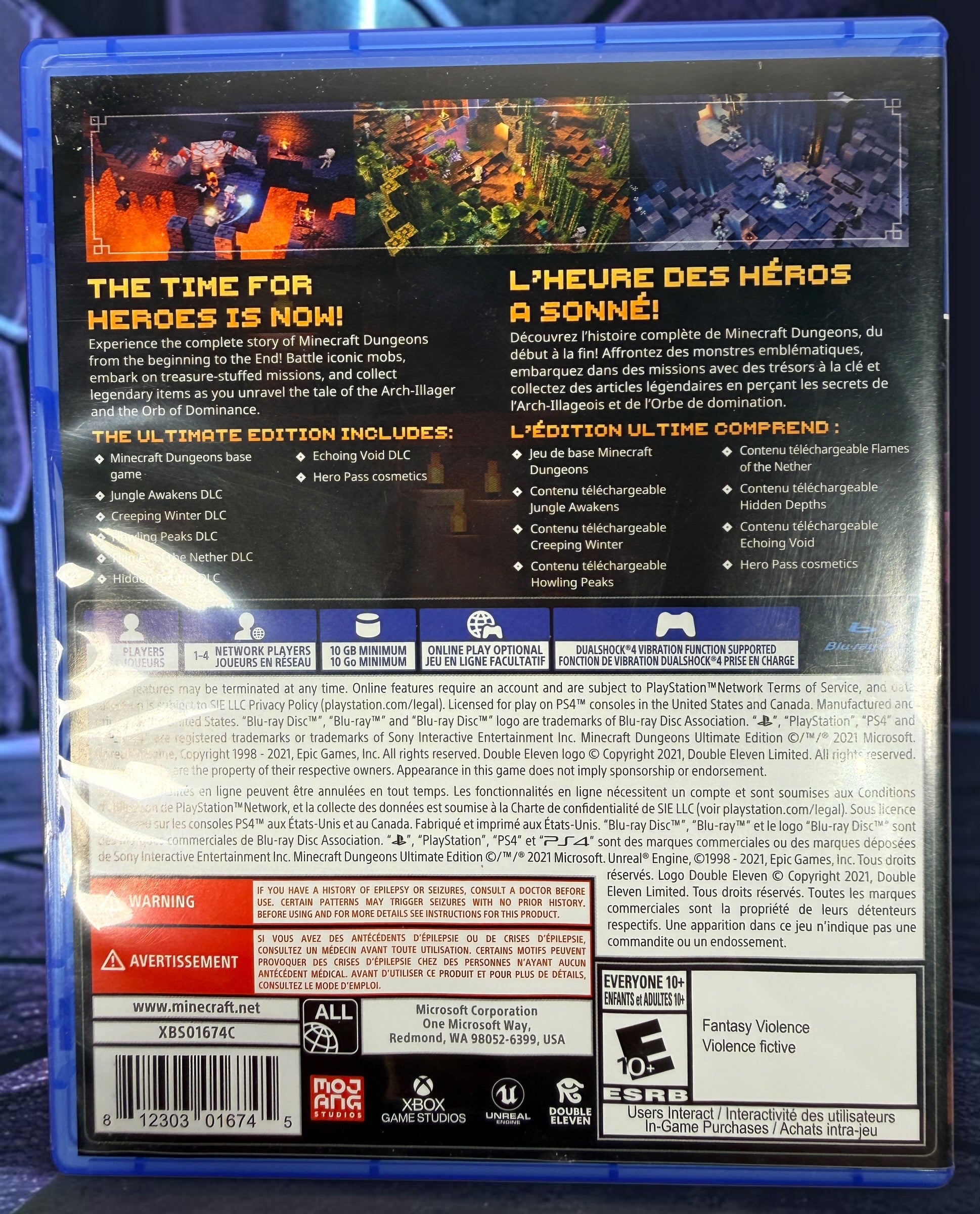Minecraft Dungeons Ultimate Edition for PS4 with the base game and all six DLC expansions. Bilingual Canadian release with original case.