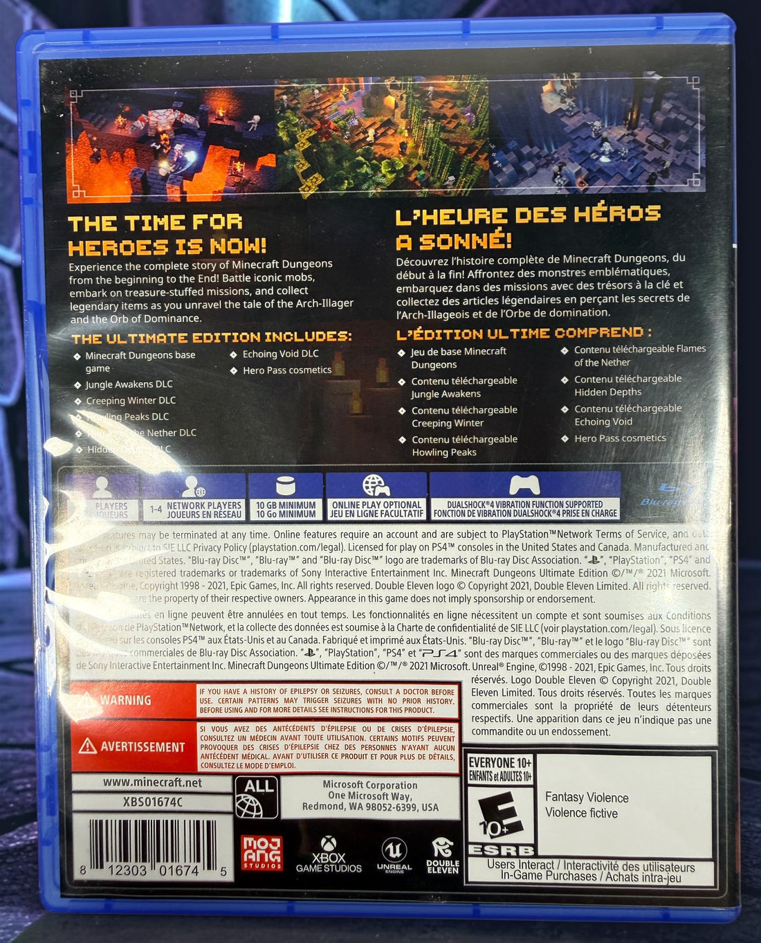 Minecraft Dungeons Ultimate Edition for PS4 with the base game and all six DLC expansions. Bilingual Canadian release with original case.