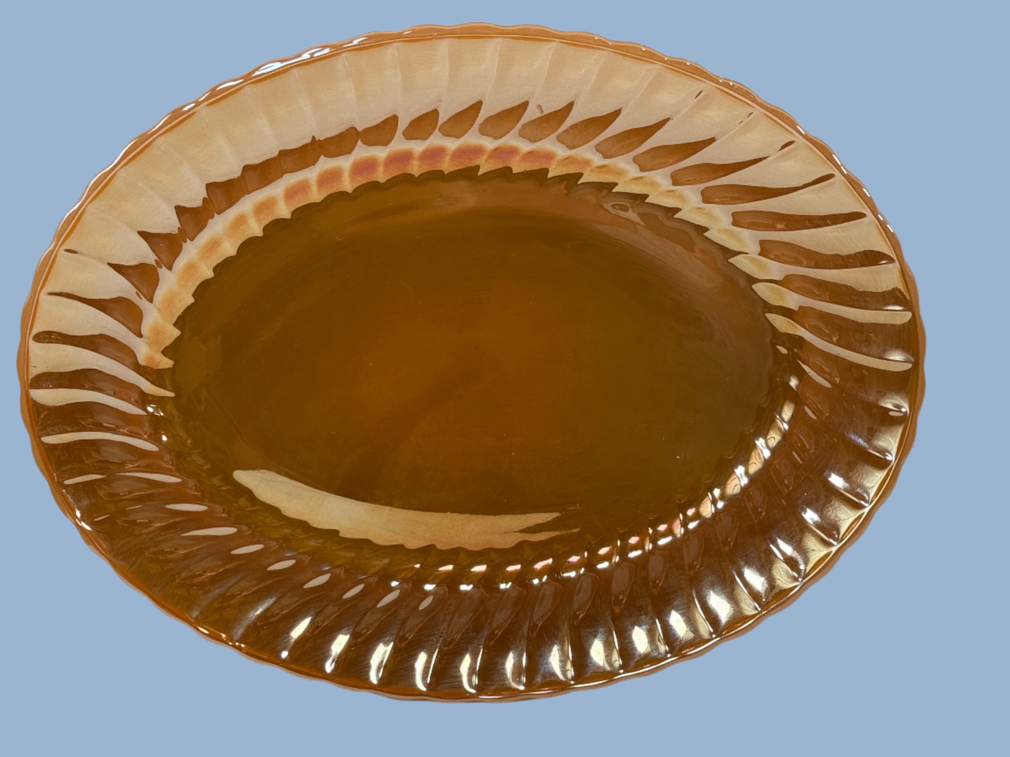 1950s Anchor Hocking Peach Lustre Swirl Platter – 15.5” Oval,  No. 2390, USA