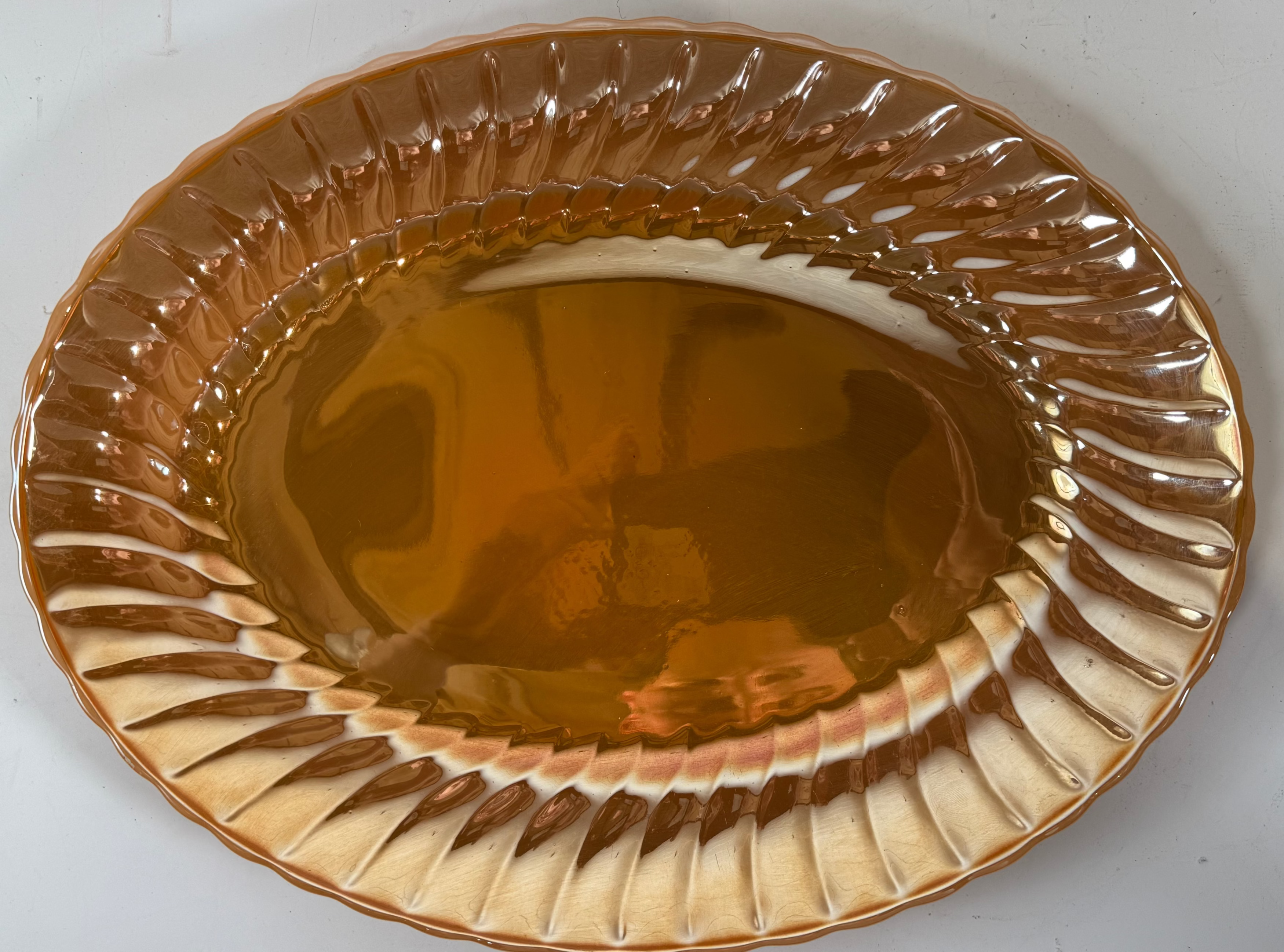 1950s Anchor Hocking Peach Lustre Swirl Platter – 15.5” Oval,  No. 2390, USA