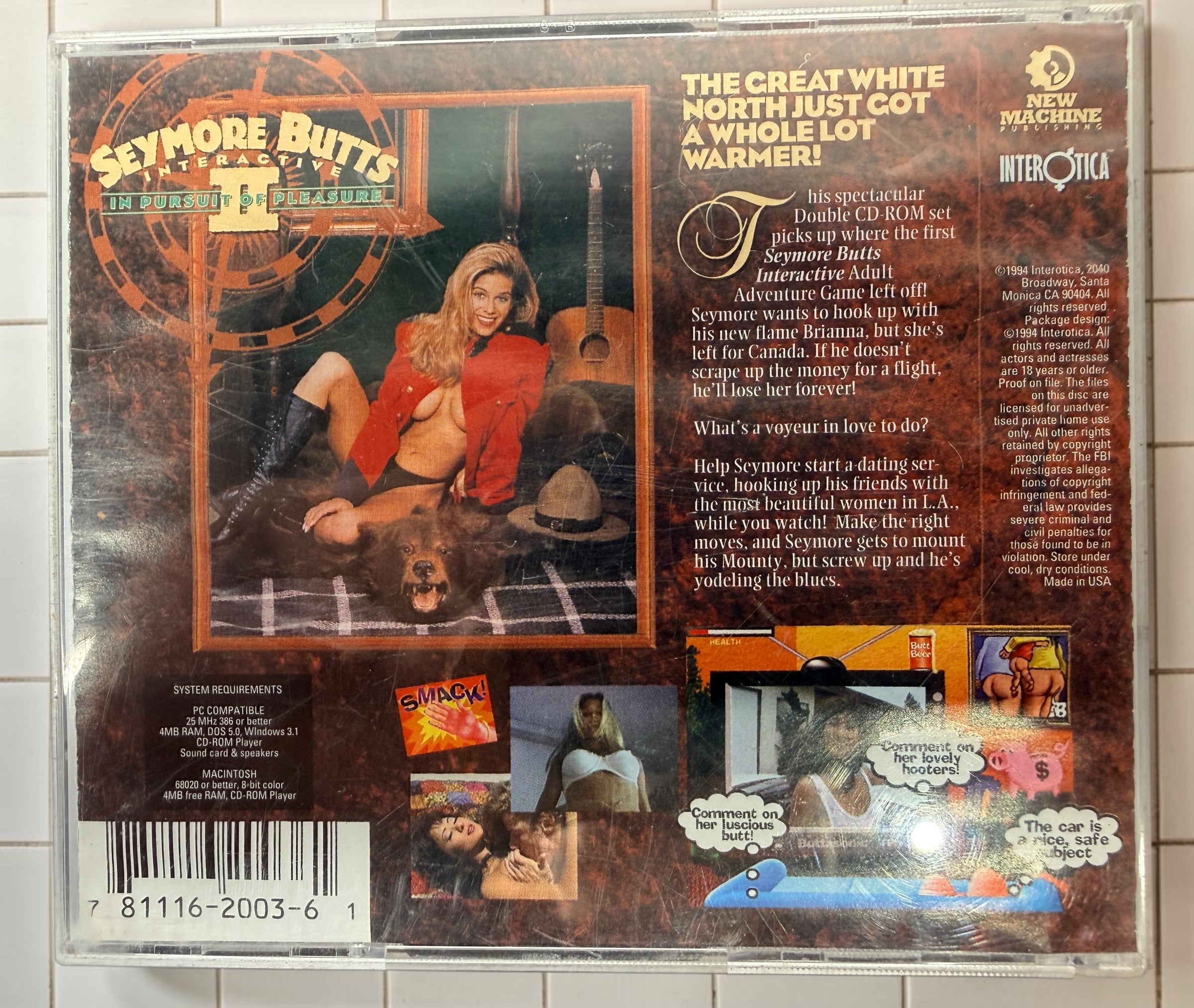Vintage 1994 Seymore Butts Interactive II adult PC &amp; Mac CD-ROM game. Complete 2-disc Interotica set with original case and inserts.