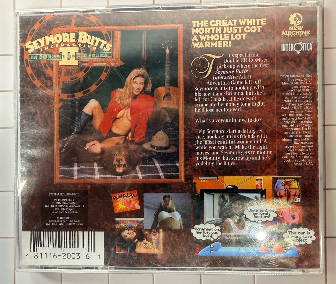 Vintage 1994 Seymore Butts Interactive II adult PC &amp; Mac CD-ROM game. Complete 2-disc Interotica set with original case and inserts.