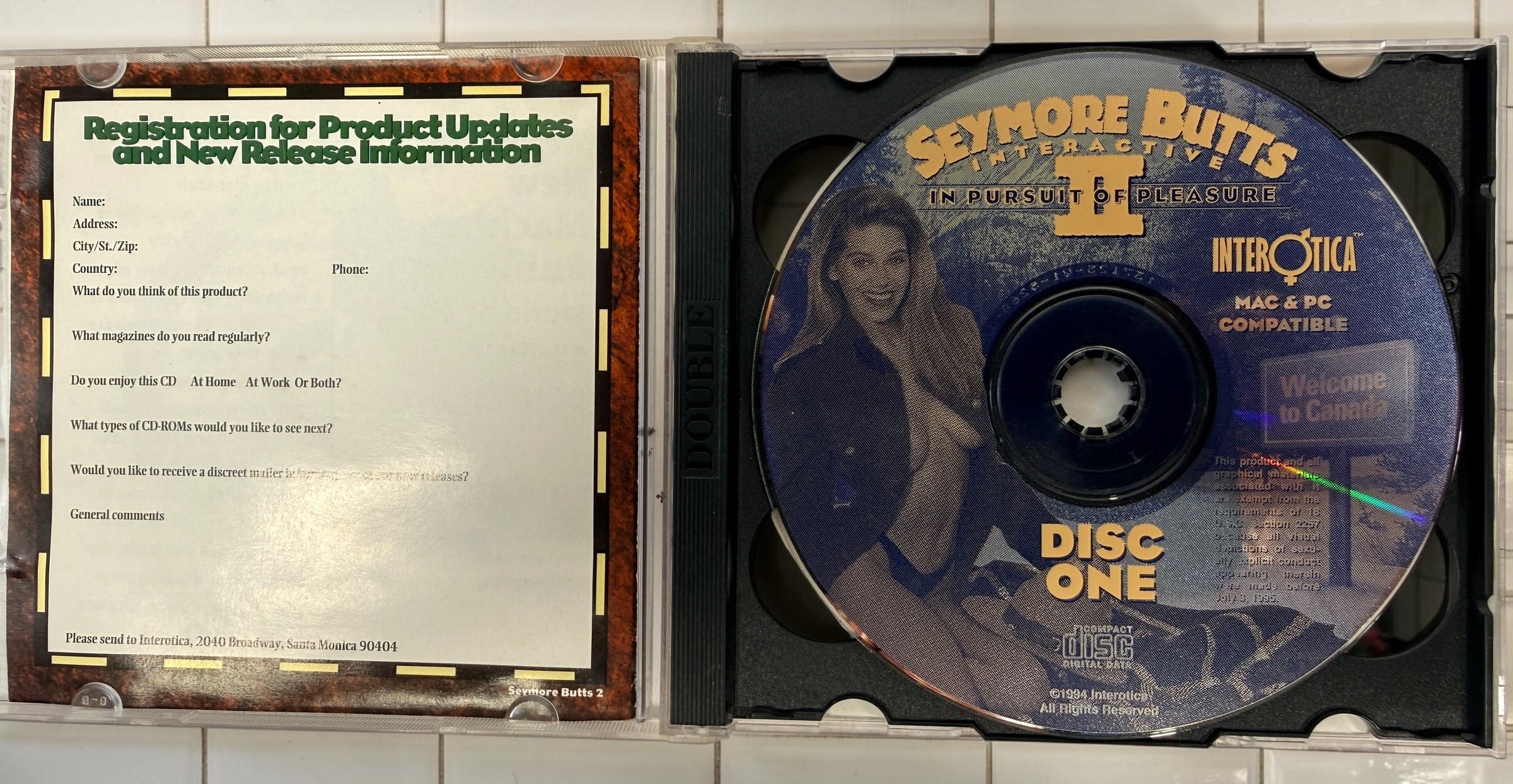 Vintage 1994 Seymore Butts Interactive II adult PC &amp; Mac CD-ROM game. Complete 2-disc Interotica set with original case and inserts.