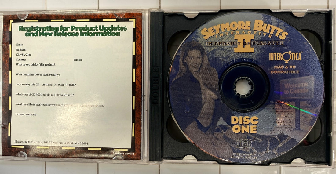 Vintage 1994 Seymore Butts Interactive II adult PC &amp; Mac CD-ROM game. Complete 2-disc Interotica set with original case and inserts.