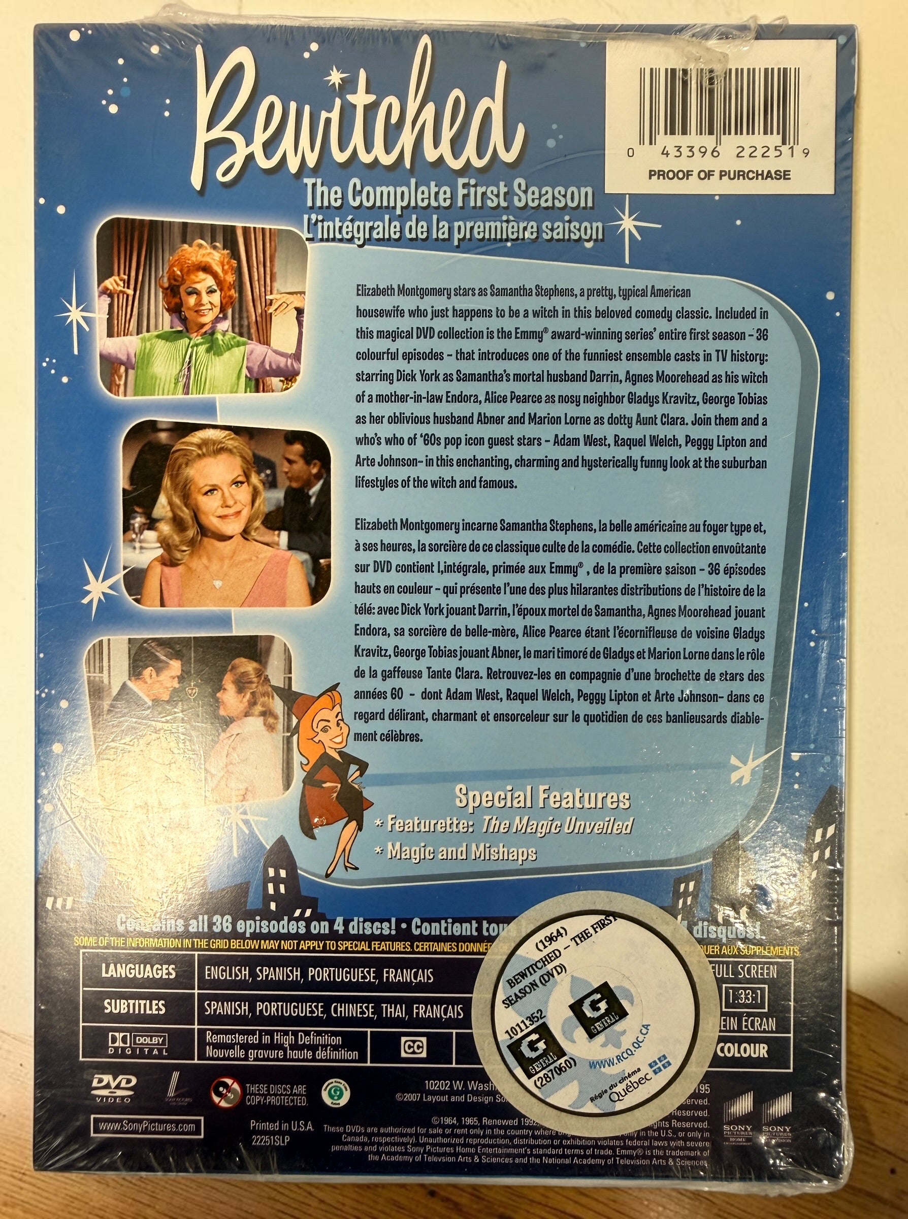 Sealed bilingual Bewitched Complete First Season 4-DVD set with all 36 colourized episodes, Region 1, English and French Canadian edition.