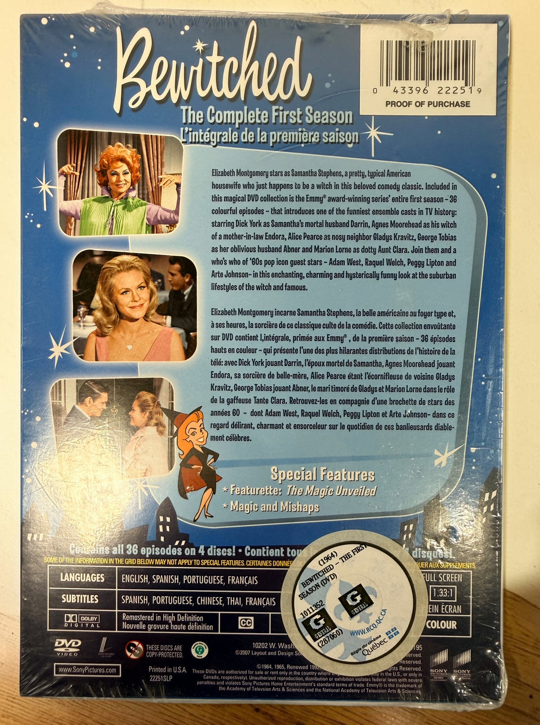Sealed bilingual Bewitched Complete First Season 4-DVD set with all 36 colourized episodes, Region 1, English and French Canadian edition.
