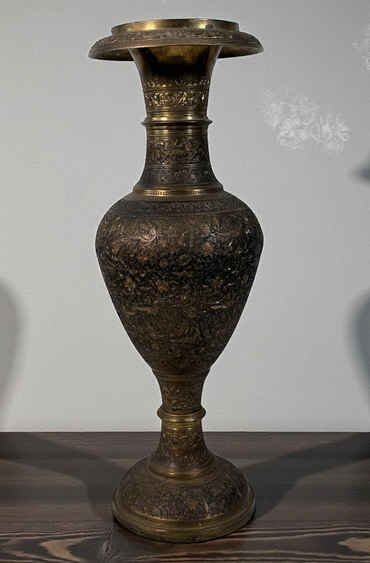 Vintage Indian brass vase with hand-chased bird and floral motifs, 16.5" tall. Mid-century décor with patina. Ships worldwide from Montreal.