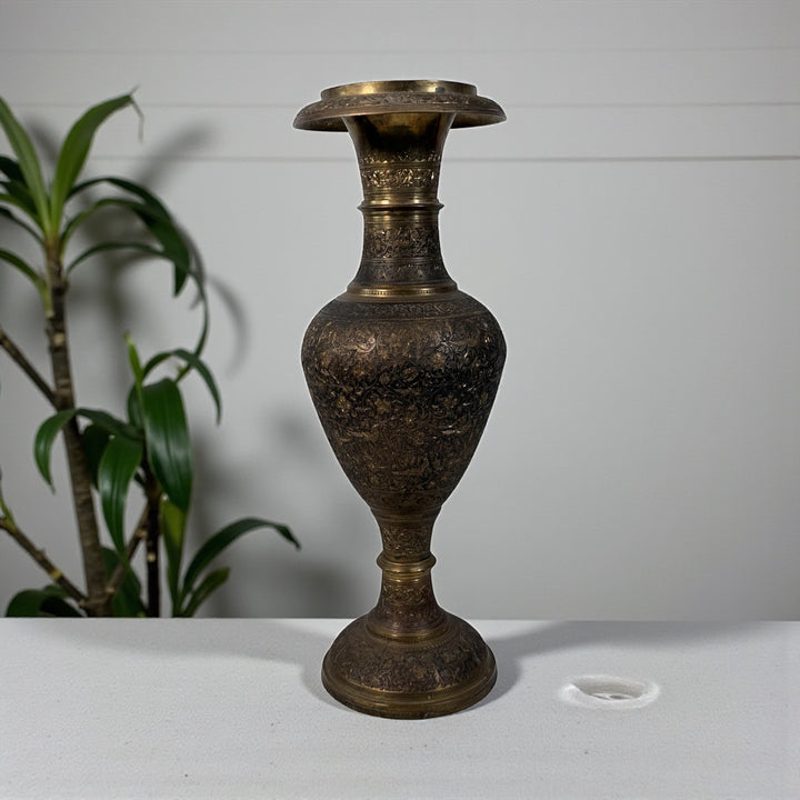 Vintage Indian brass vase with hand-chased bird and floral motifs, 16.5" tall. Mid-century décor with patina. Ships worldwide from Montreal.