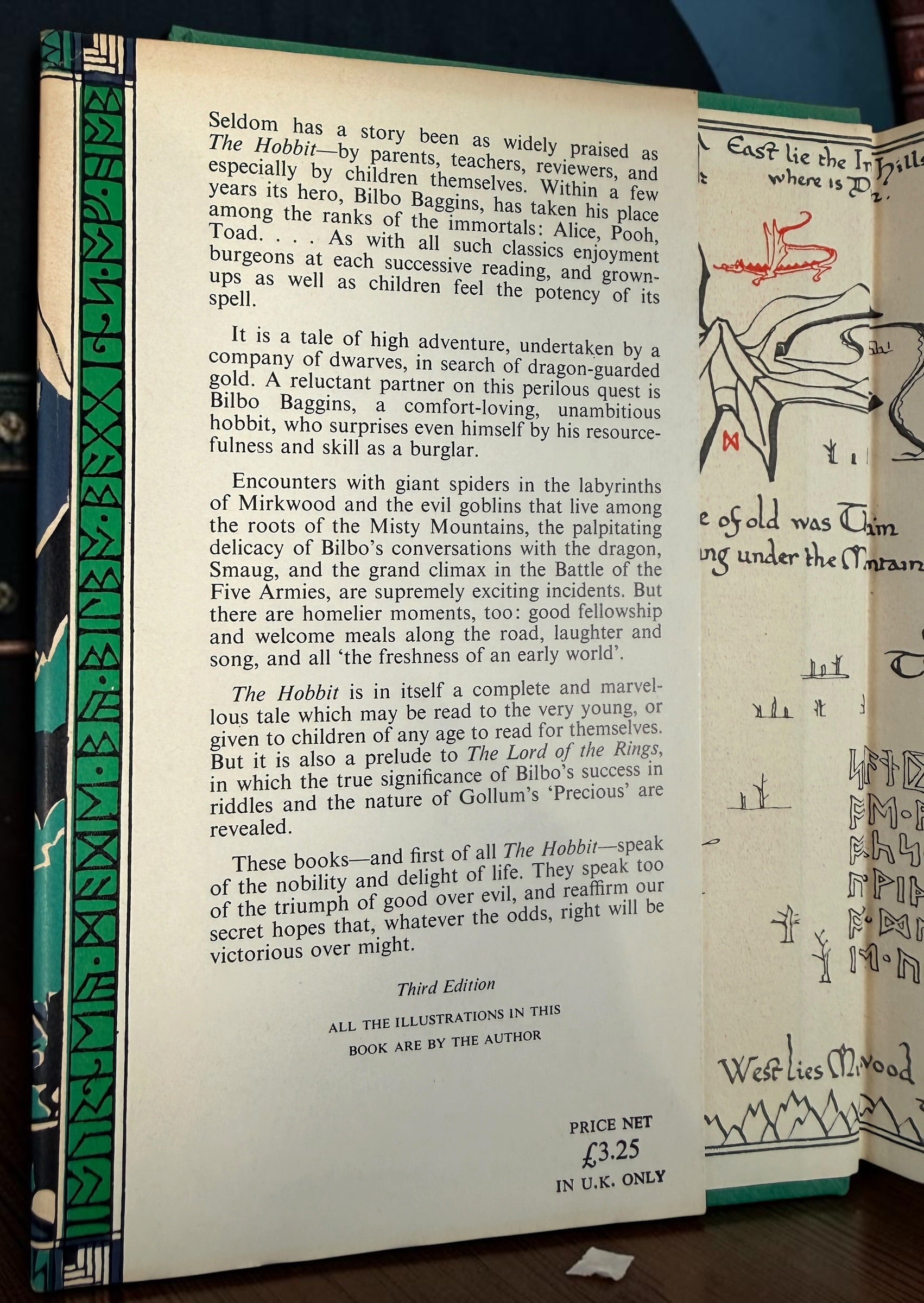 Collectible 1975 UK hardcover of Tolkien’s The Hobbit, Third Edition, Tenth Impression, with original illustrated dust jacket and endpaper maps.