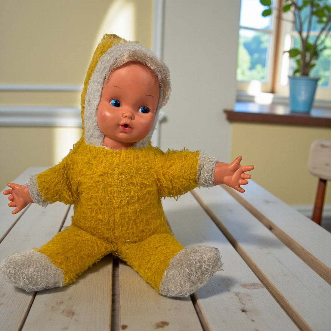 Vintage 1950s wind-up musical baby doll in yellow plush suit with vinyl face. Music plays well. Great display collectible. Ships from Canada.