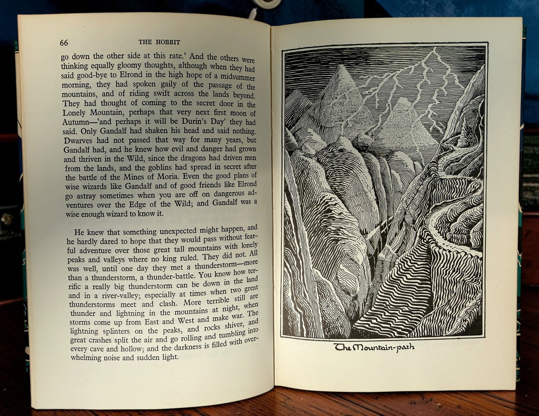 Collectible 1975 UK hardcover of Tolkien’s The Hobbit, Third Edition, Tenth Impression, with original illustrated dust jacket and endpaper maps.