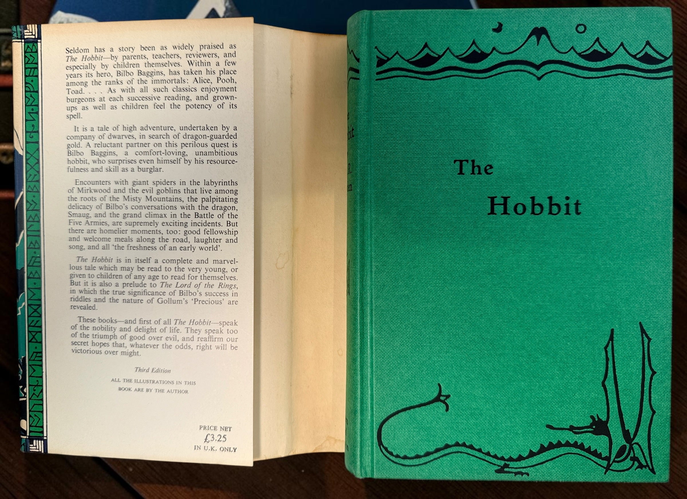 Collectible 1975 UK hardcover of Tolkien’s The Hobbit, Third Edition, Tenth Impression, with original illustrated dust jacket and endpaper maps.