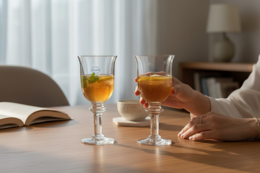 Royal Doulton Gallerie lead crystal aperitif goblets with box and brochure. 6-inch English stemware for port, sherry, vermouth. Excellent condition.