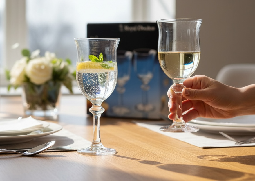 Royal Doulton Gallerie lead crystal aperitif goblets with box and brochure. 6-inch English stemware for port, sherry, vermouth. Excellent condition.