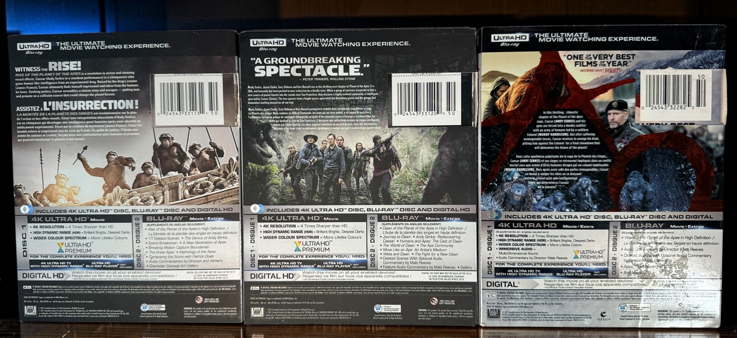 Planet of the Apes trilogy with Rise, Dawn and War on 4K UHD and Blu-ray. Complete six-disc bilingual set with original slipcovers.