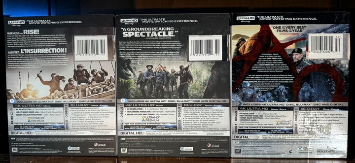 Planet of the Apes trilogy with Rise, Dawn and War on 4K UHD and Blu-ray. Complete six-disc bilingual set with original slipcovers.