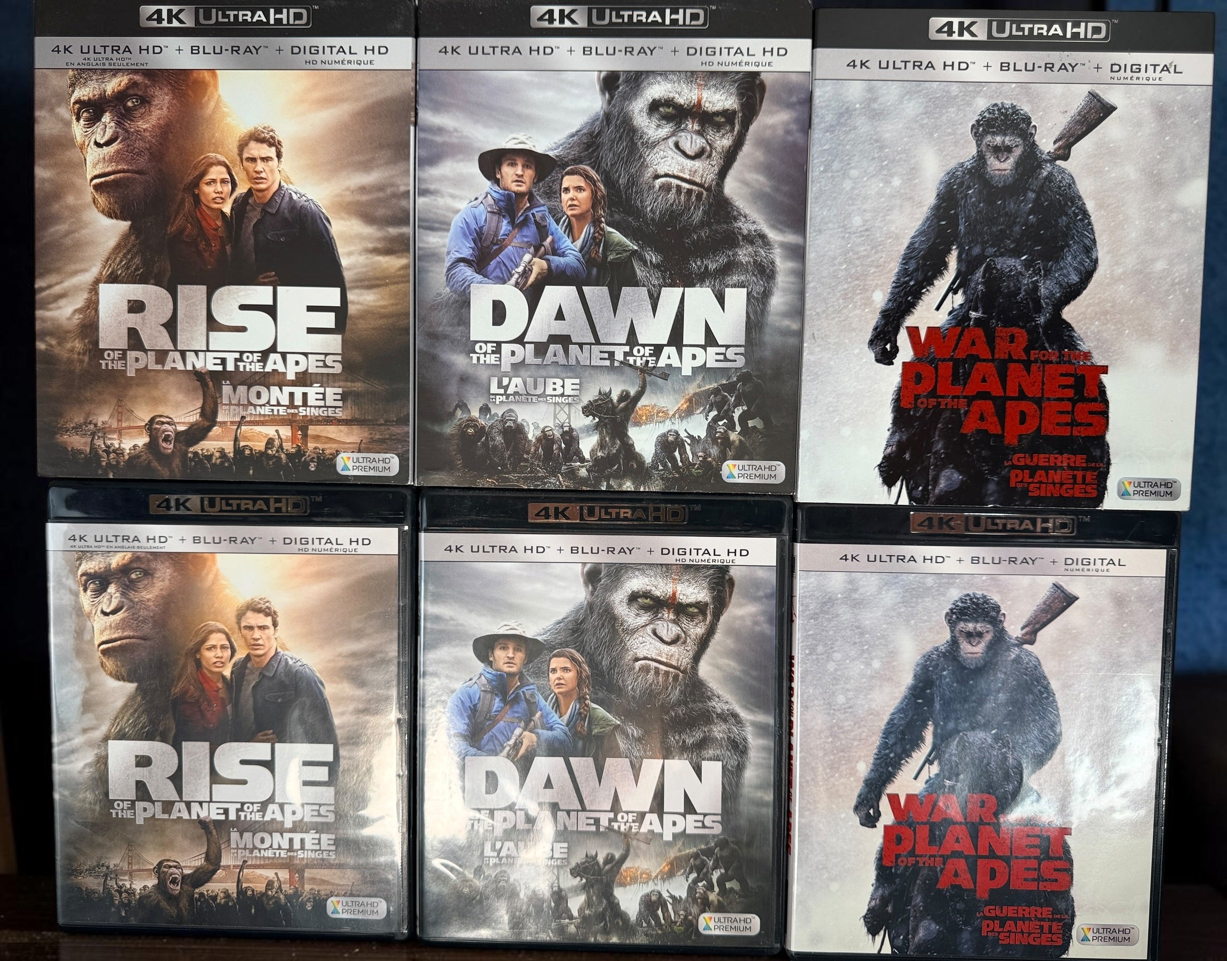 Planet of the Apes trilogy with Rise, Dawn and War on 4K UHD and Blu-ray. Complete six-disc bilingual set with original slipcovers.