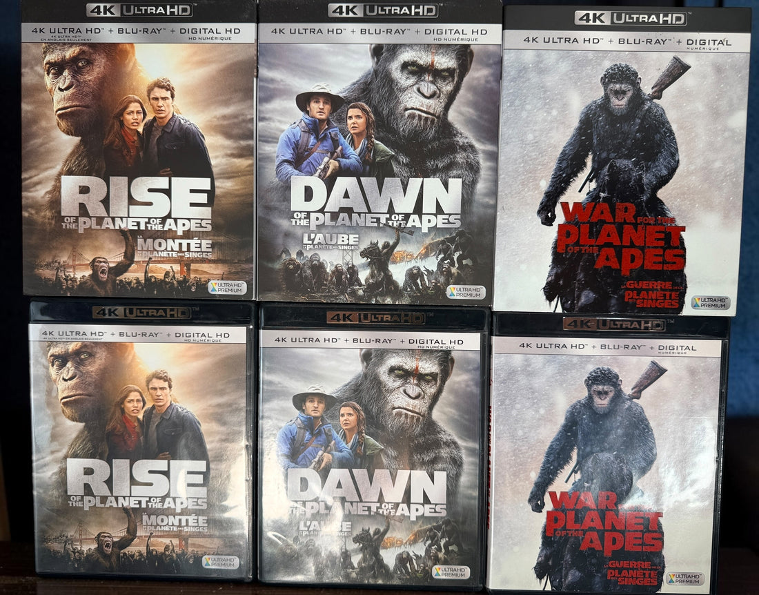 Planet of the Apes trilogy with Rise, Dawn and War on 4K UHD and Blu-ray. Complete six-disc bilingual set with original slipcovers.