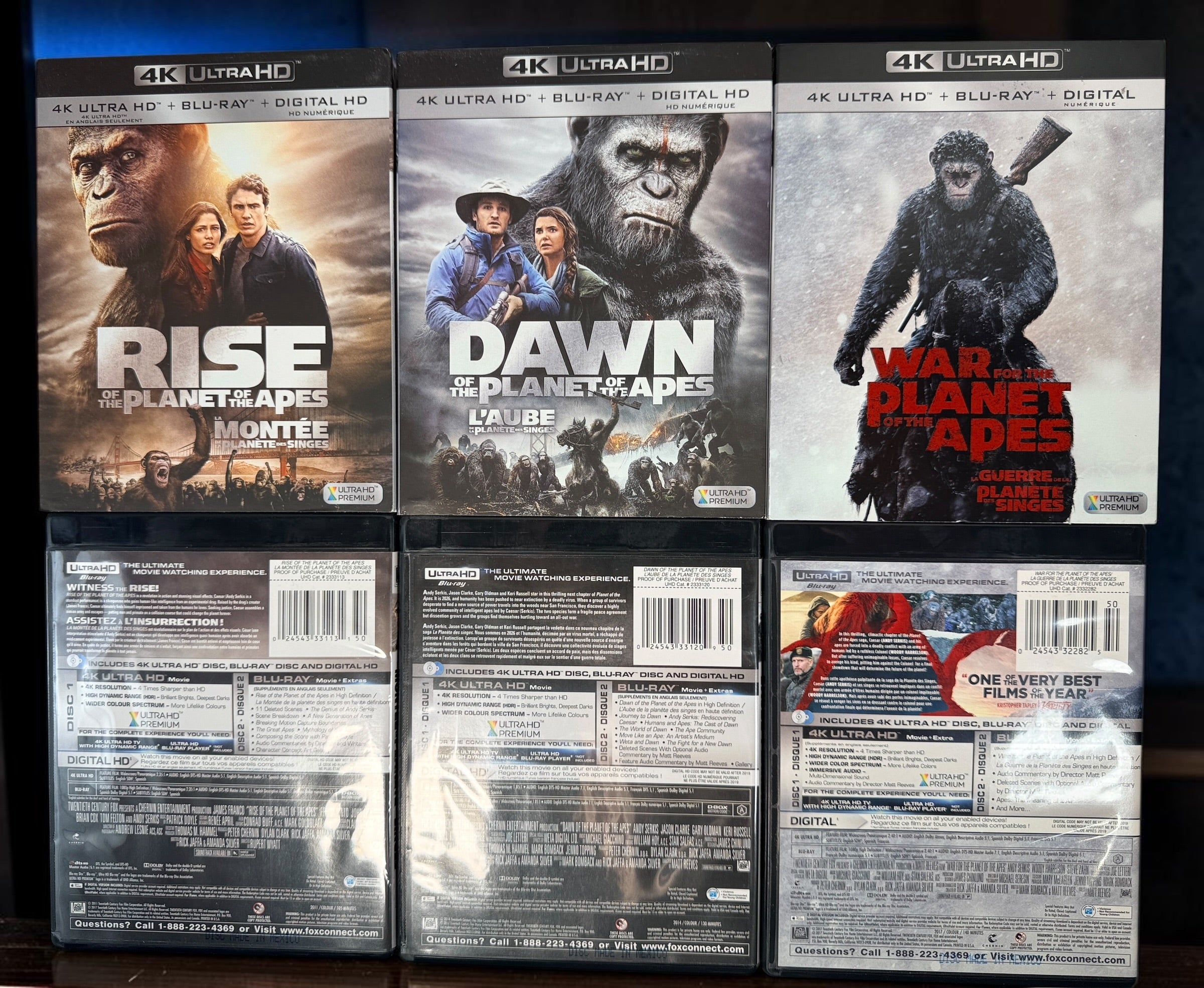 Planet of the Apes trilogy with Rise, Dawn and War on 4K UHD and Blu-ray. Complete six-disc bilingual set with original slipcovers.