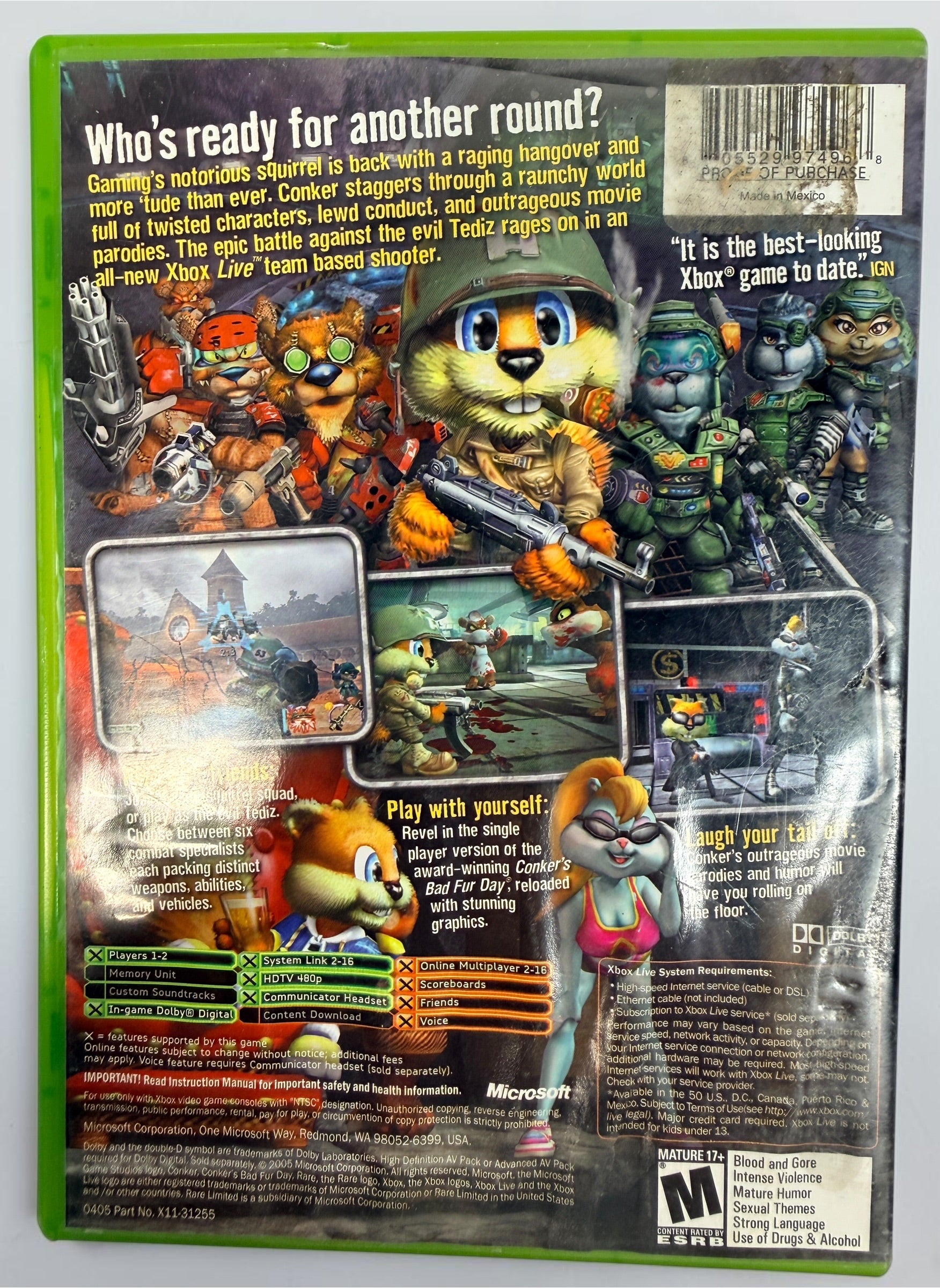 Conker: Live &amp; Reloaded for original Xbox, 2005 NTSC edition with disc, case and manual. Pre-owned, visibly worn and untested.