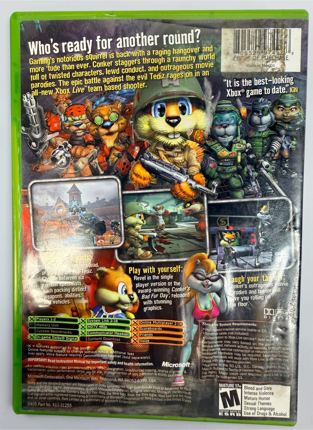 Conker: Live &amp; Reloaded for original Xbox, 2005 NTSC edition with disc, case and manual. Pre-owned, visibly worn and untested.