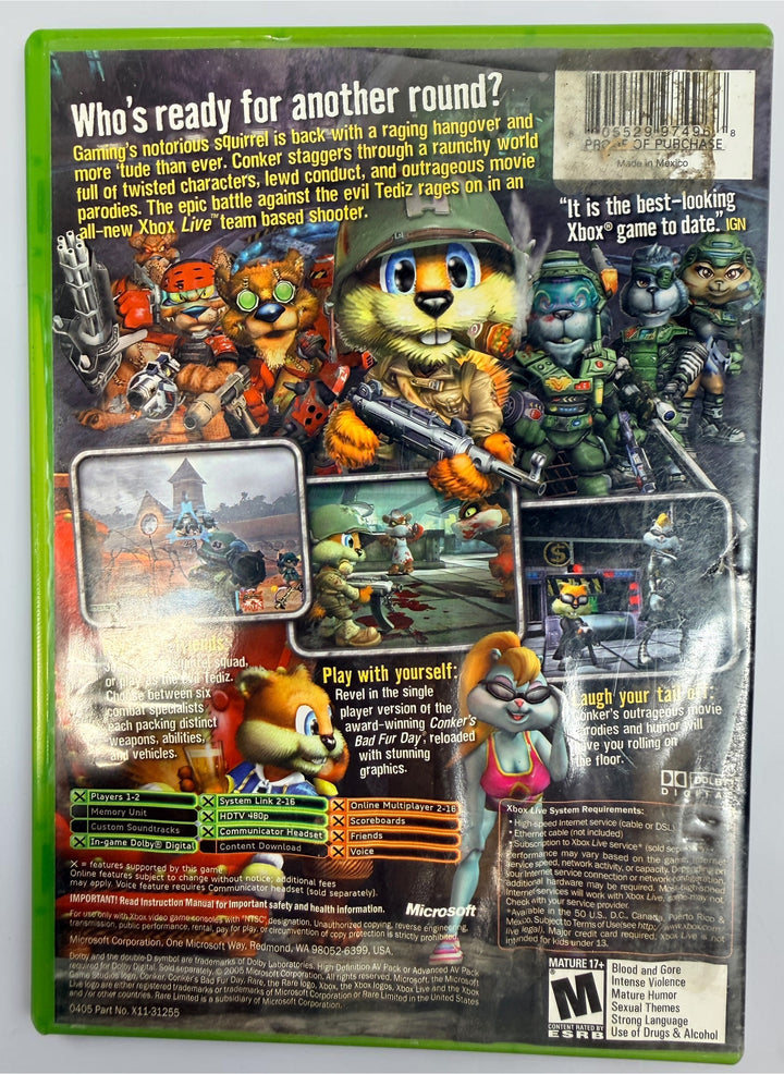 Conker: Live &amp; Reloaded for original Xbox, 2005 NTSC edition with disc, case and manual. Pre-owned, visibly worn and untested.
