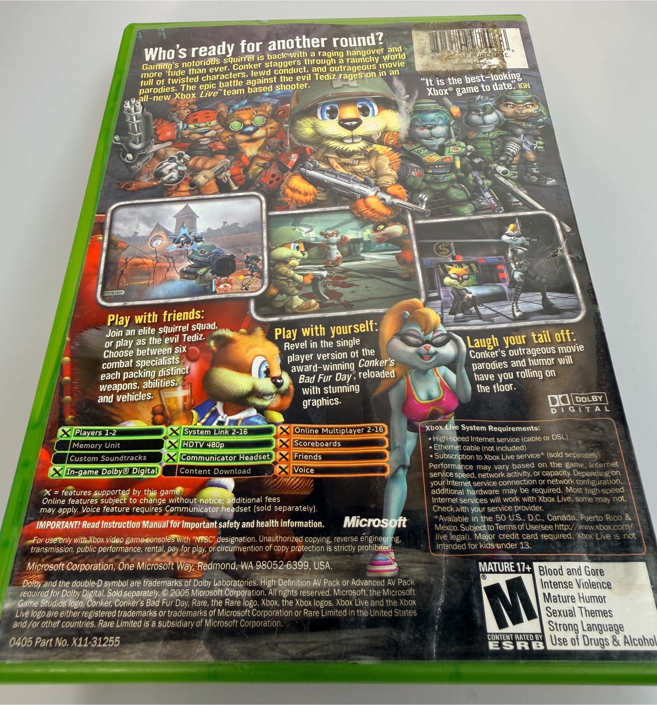 Conker: Live &amp; Reloaded for original Xbox, 2005 NTSC edition with disc, case and manual. Pre-owned, visibly worn and untested.
