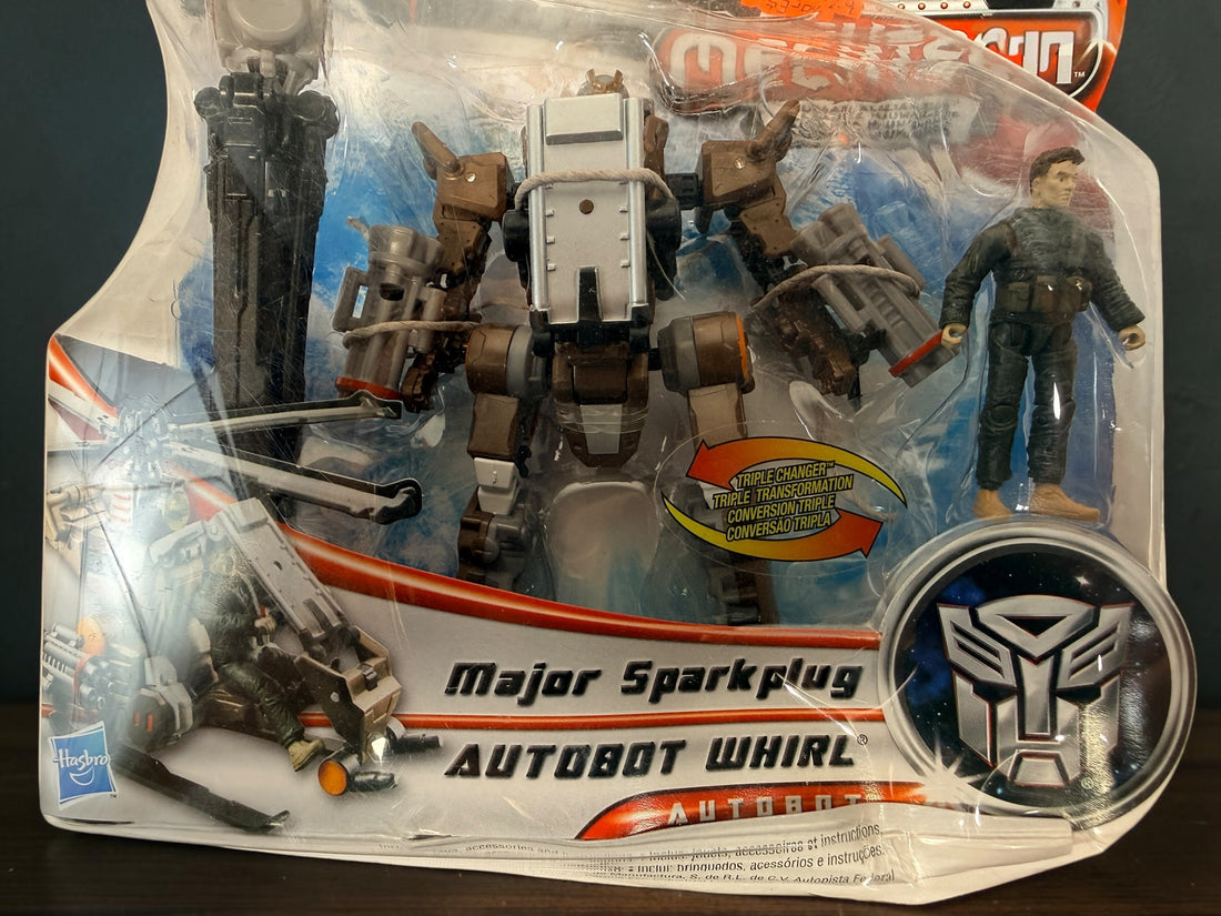 Sealed 2011 Transformers DOTM Autobot Whirl and Major Sparkplug Human Alliance set by Hasbro. Complete with significant package wear.
