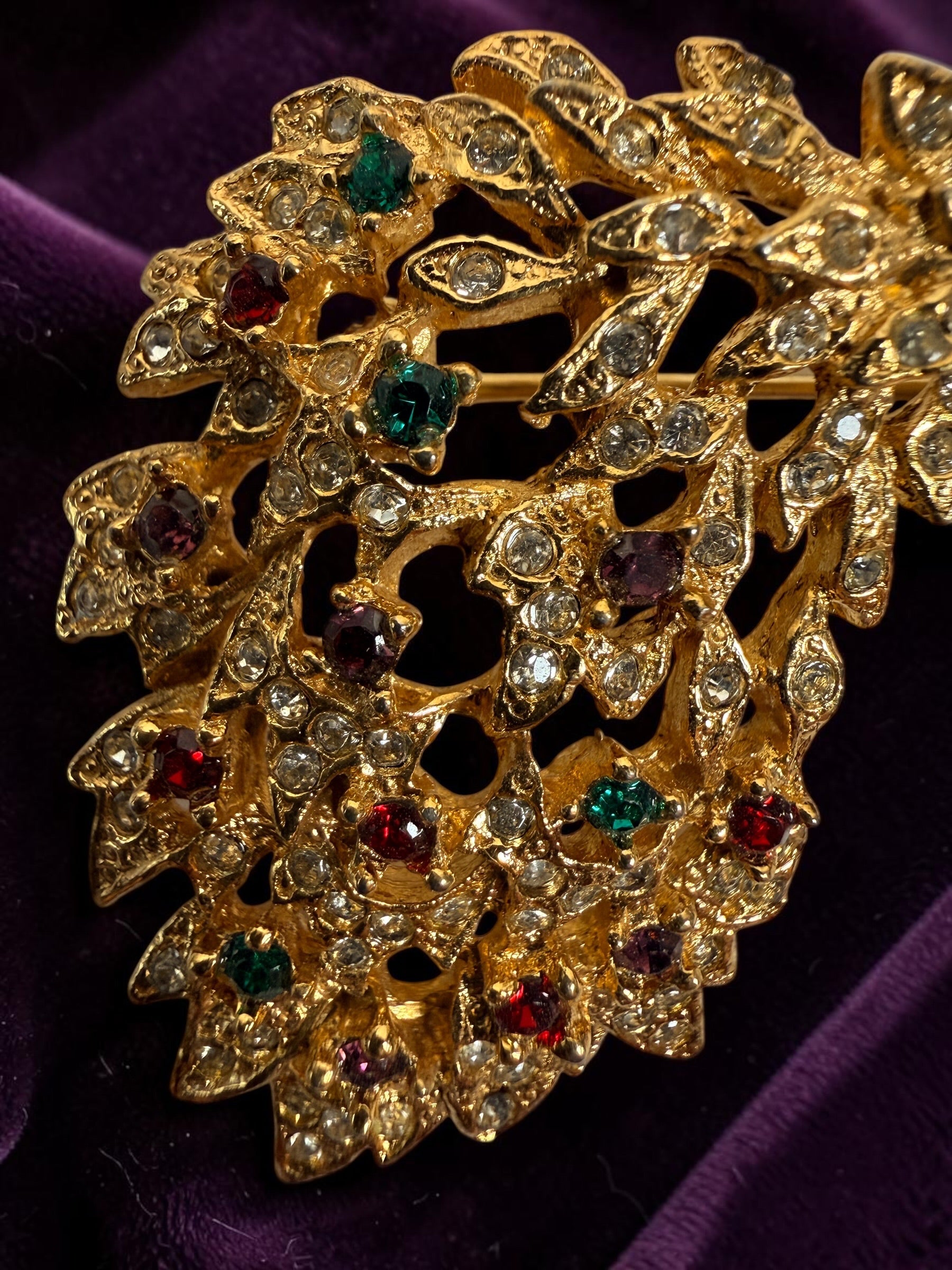 Vintage signed Sphinx 2046 peacock brooch with purple enamel, gold-tone openwork and colourful rhinestones. British costume jewellery.