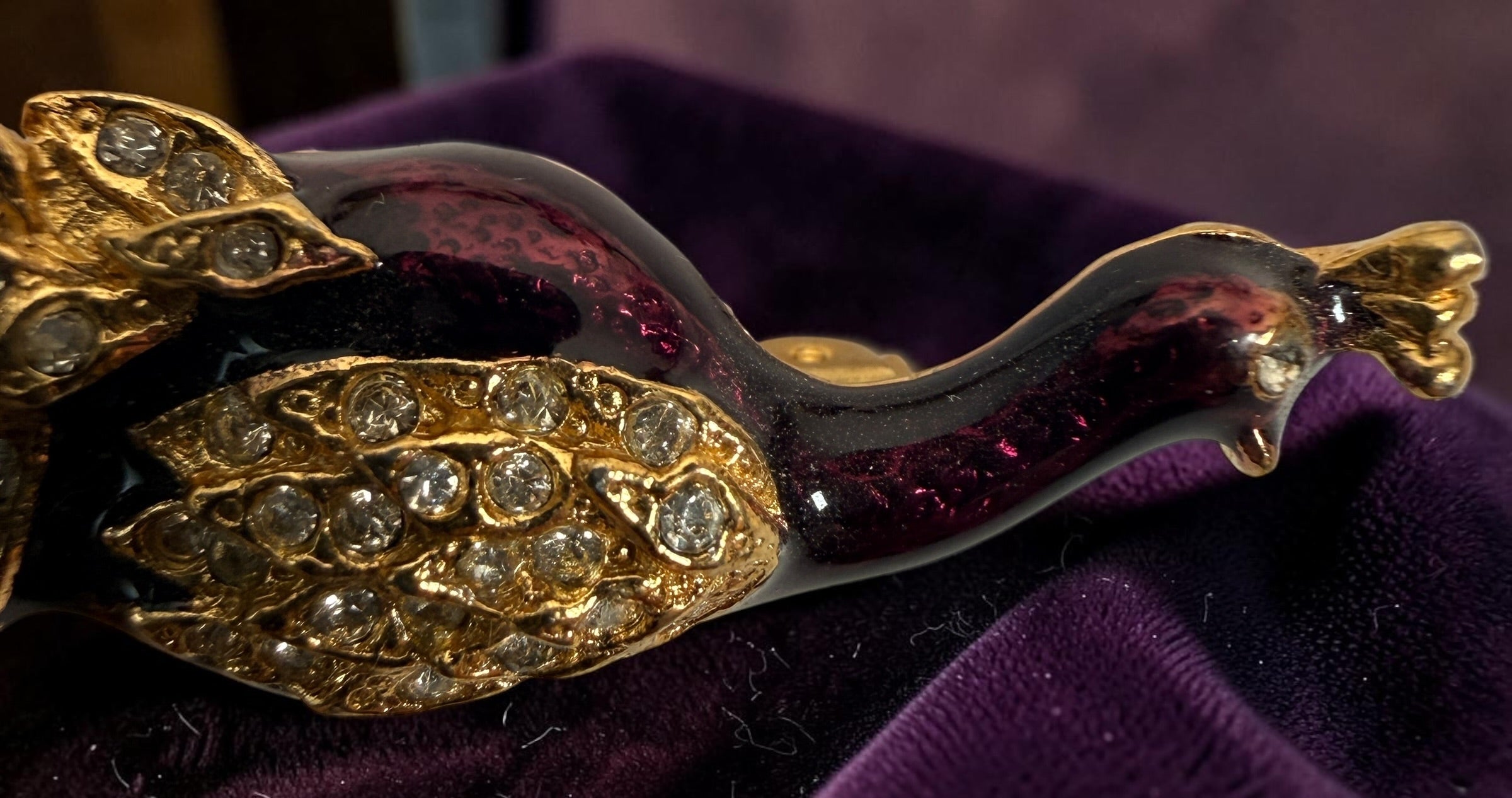 Vintage signed Sphinx 2046 peacock brooch with purple enamel, gold-tone openwork and colourful rhinestones. British costume jewellery.