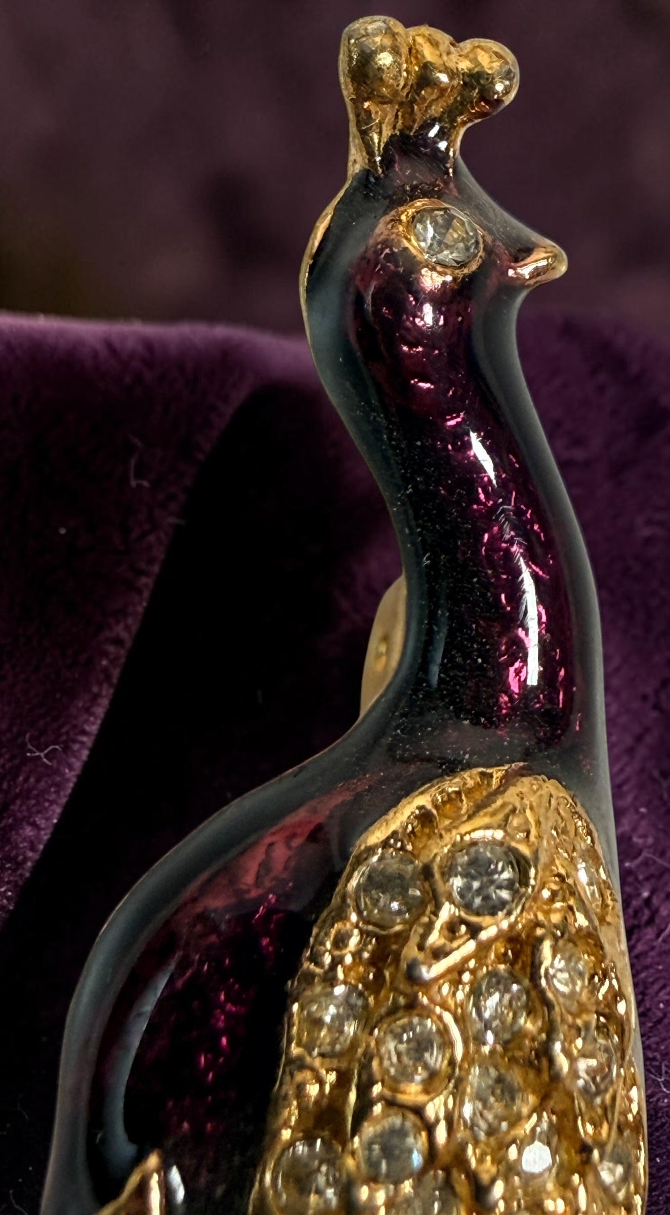 Vintage signed Sphinx 2046 peacock brooch with purple enamel, gold-tone openwork and colourful rhinestones. British costume jewellery.