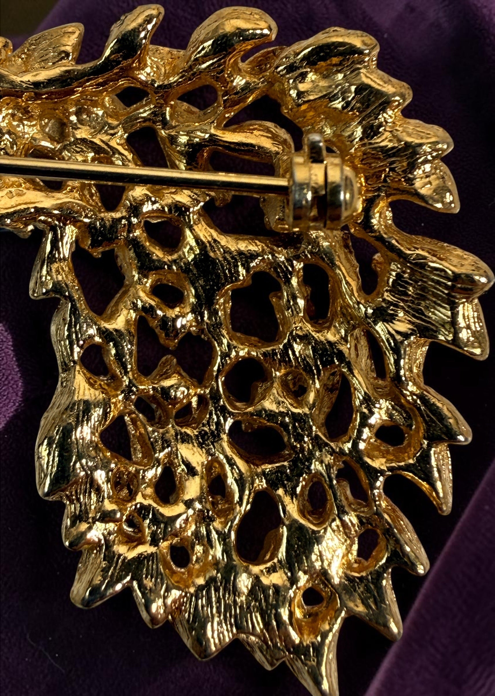 Vintage signed Sphinx 2046 peacock brooch with purple enamel, gold-tone openwork and colourful rhinestones. British costume jewellery.